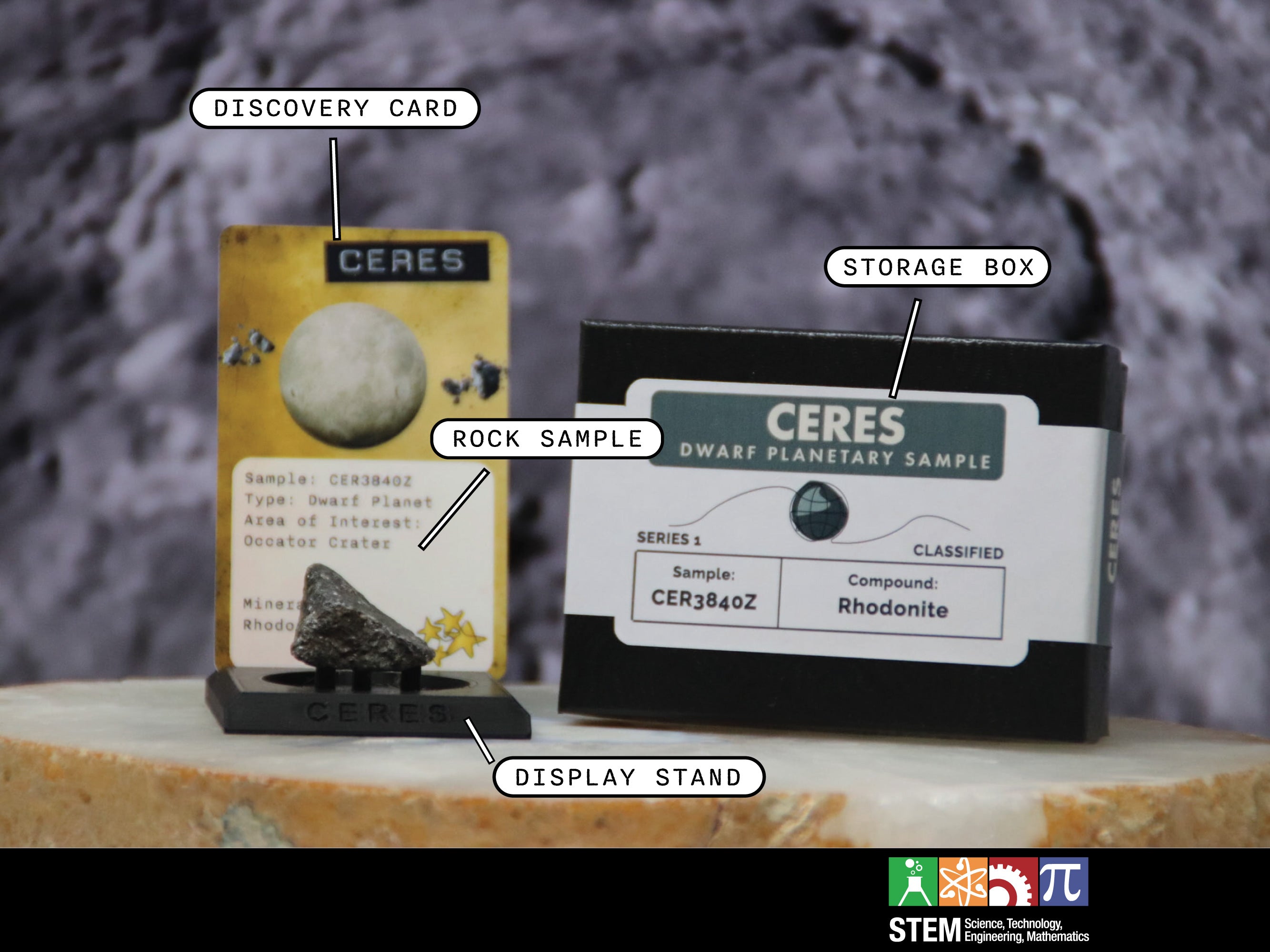 05 Dwarf Planet Ceres Planetary Discovery Kit | Rhodonite Rock Mineral Sample | STEM learning product | Planet 5 of Planet of the Month Club