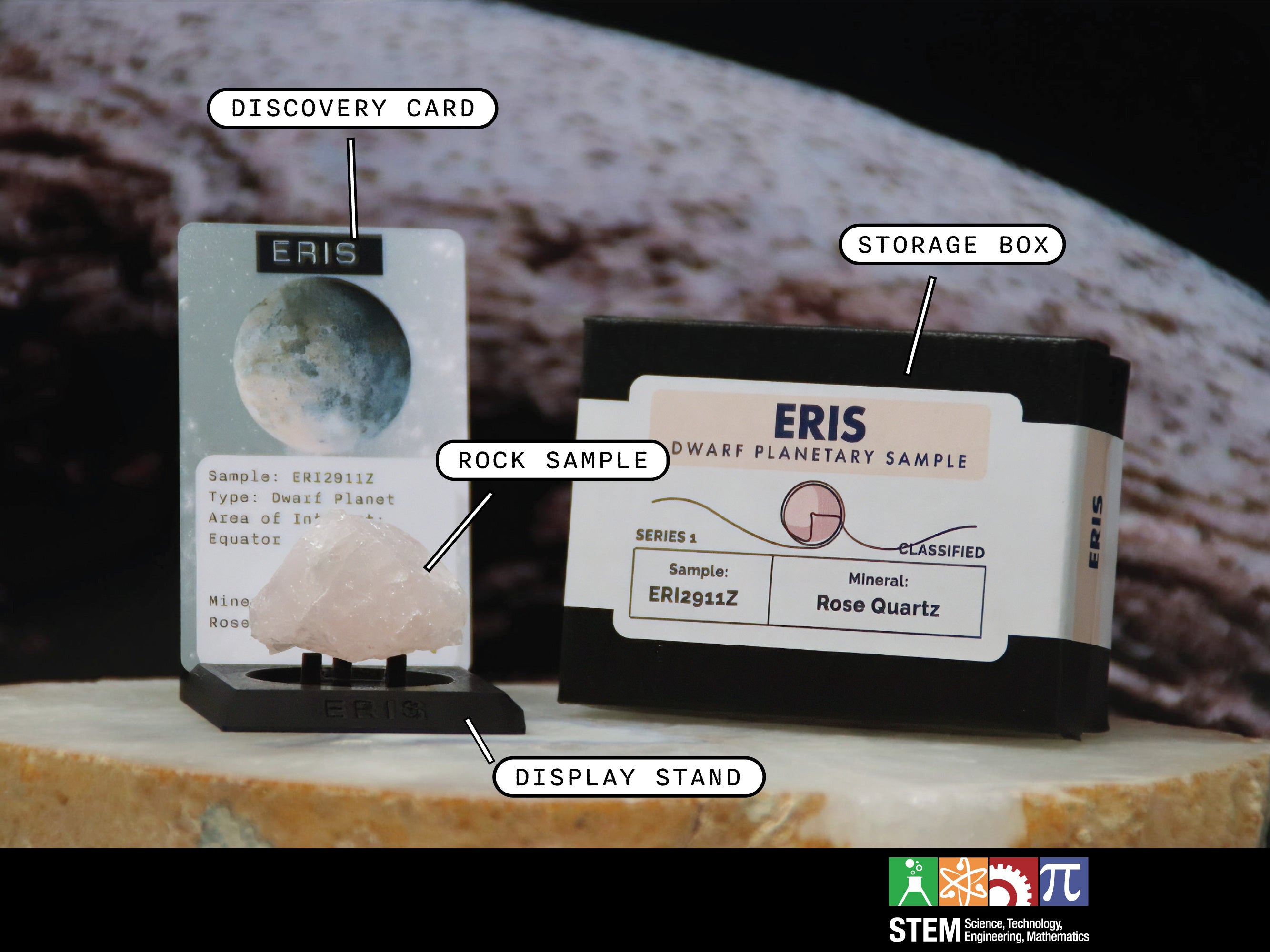 13 Dwarf Planet Eris Planetary Discovery Kit | Rose Quartz Rock Mineral Sample | STEM learning product | Planet 13 of Planet of the Month Club