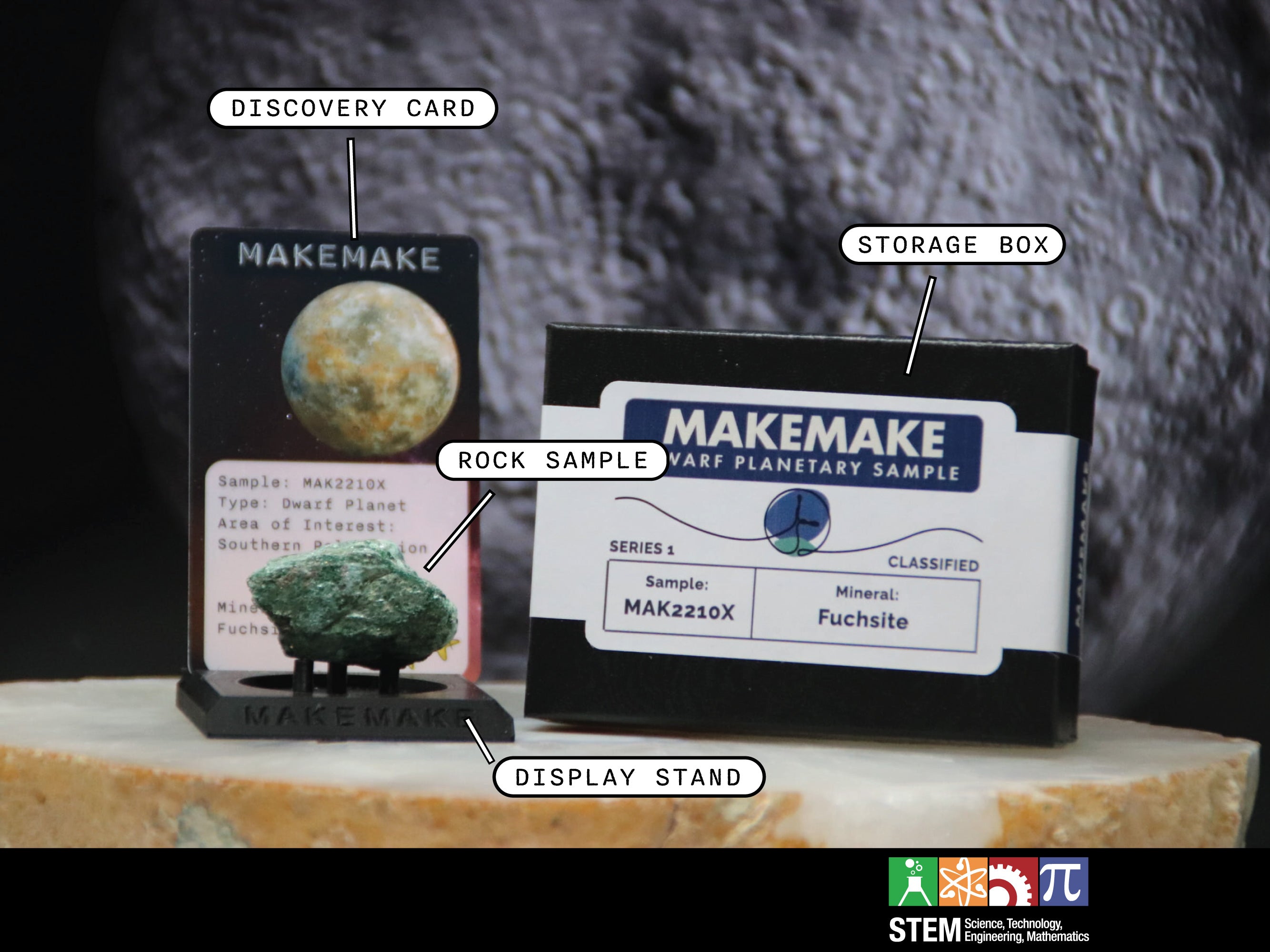 12 Dwarf Planet Makemake Planetary Discovery Kit | Fuchsite Rock Mineral Sample | STEM learning product | Planet 12 of Planet of the Month Club