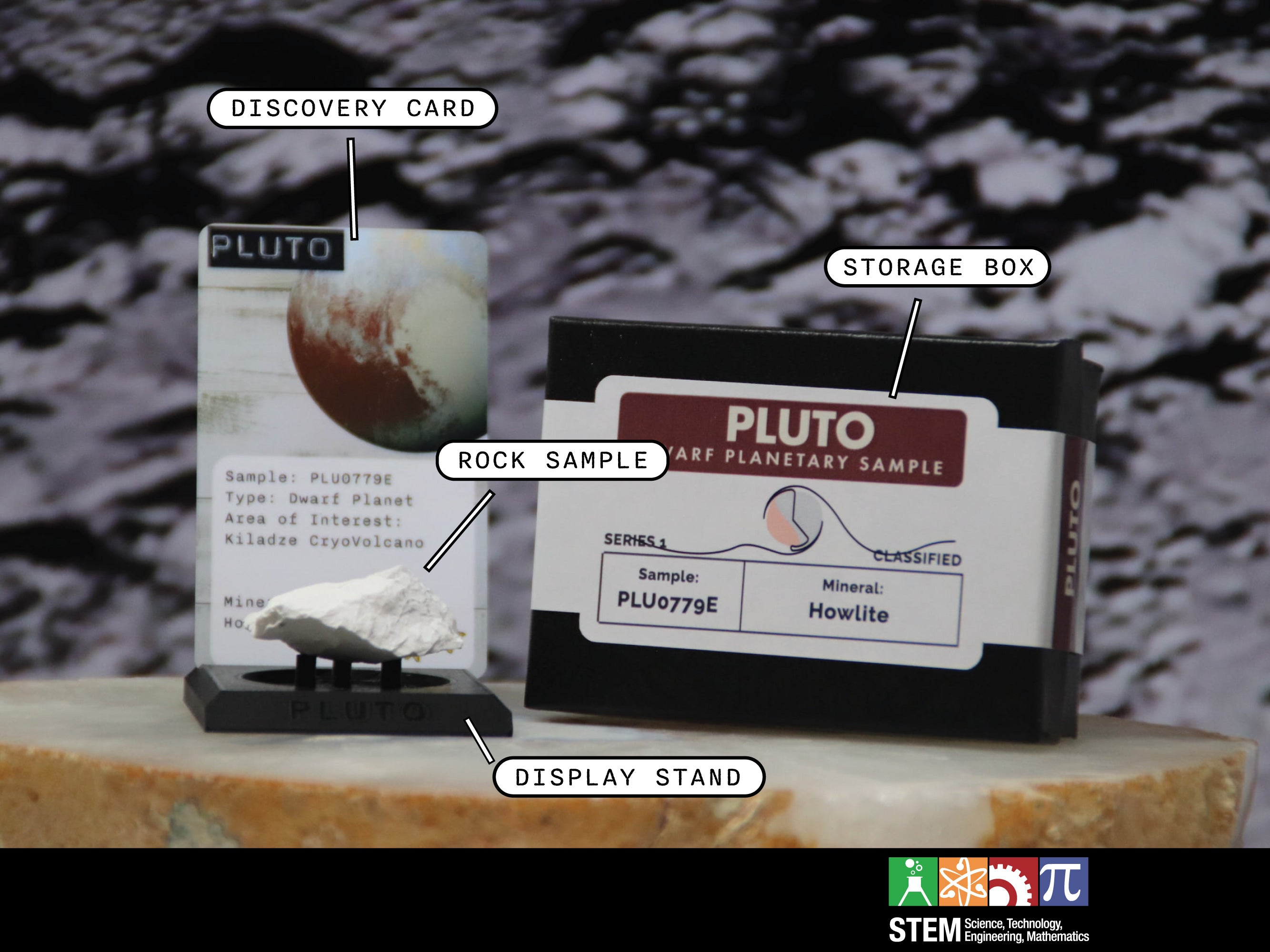 10 Dwarf Planet Pluto Planetary Discovery Kit | Howlite Rock Mineral Sample | STEM learning product | Planet 10 of Planet of the Month Club