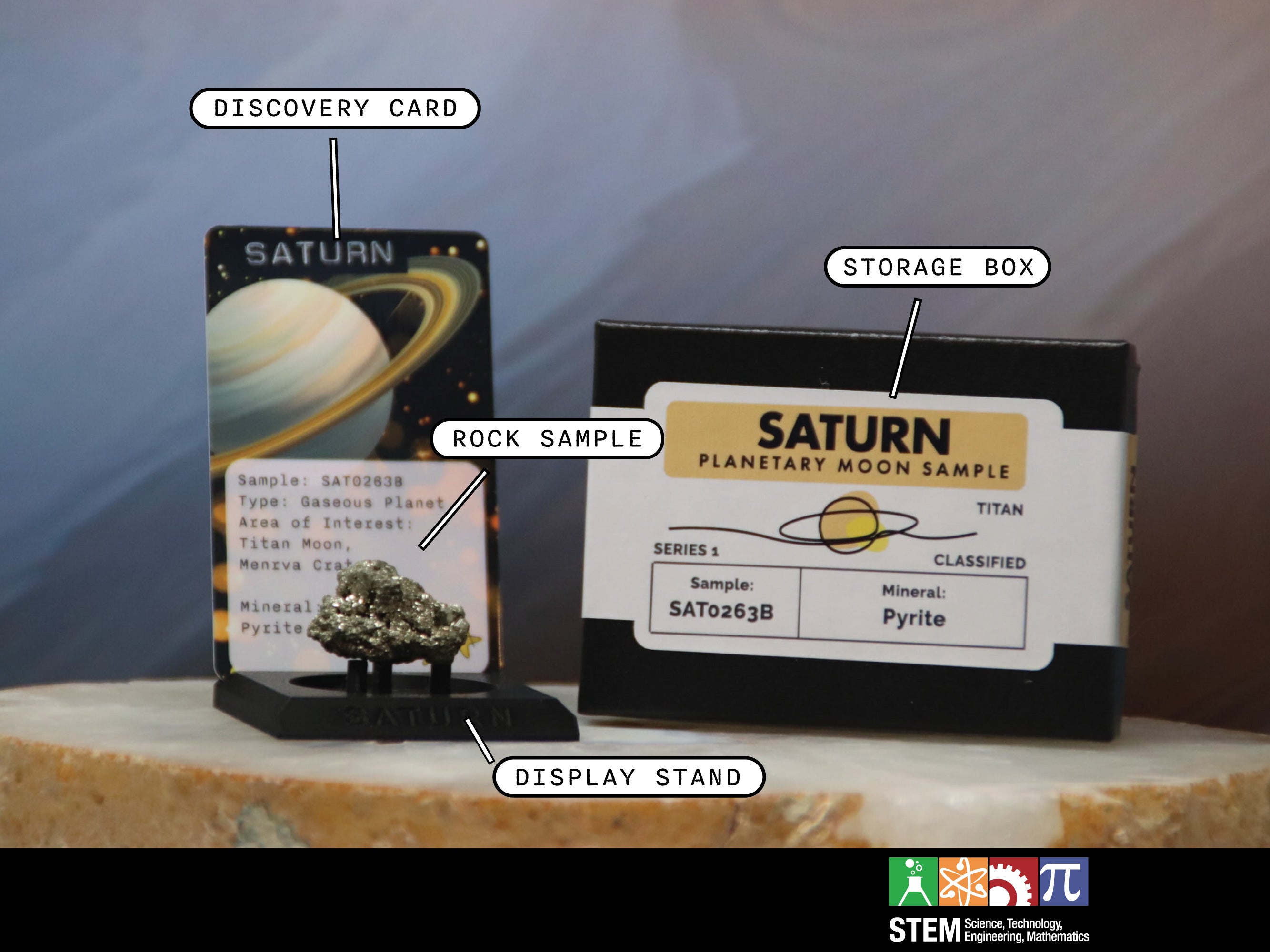 07 Planet Saturn Planetary Discovery Kit | Pyrite Rock Mineral Sample | STEM learning product | Planet 7 of Planet of the Month Club