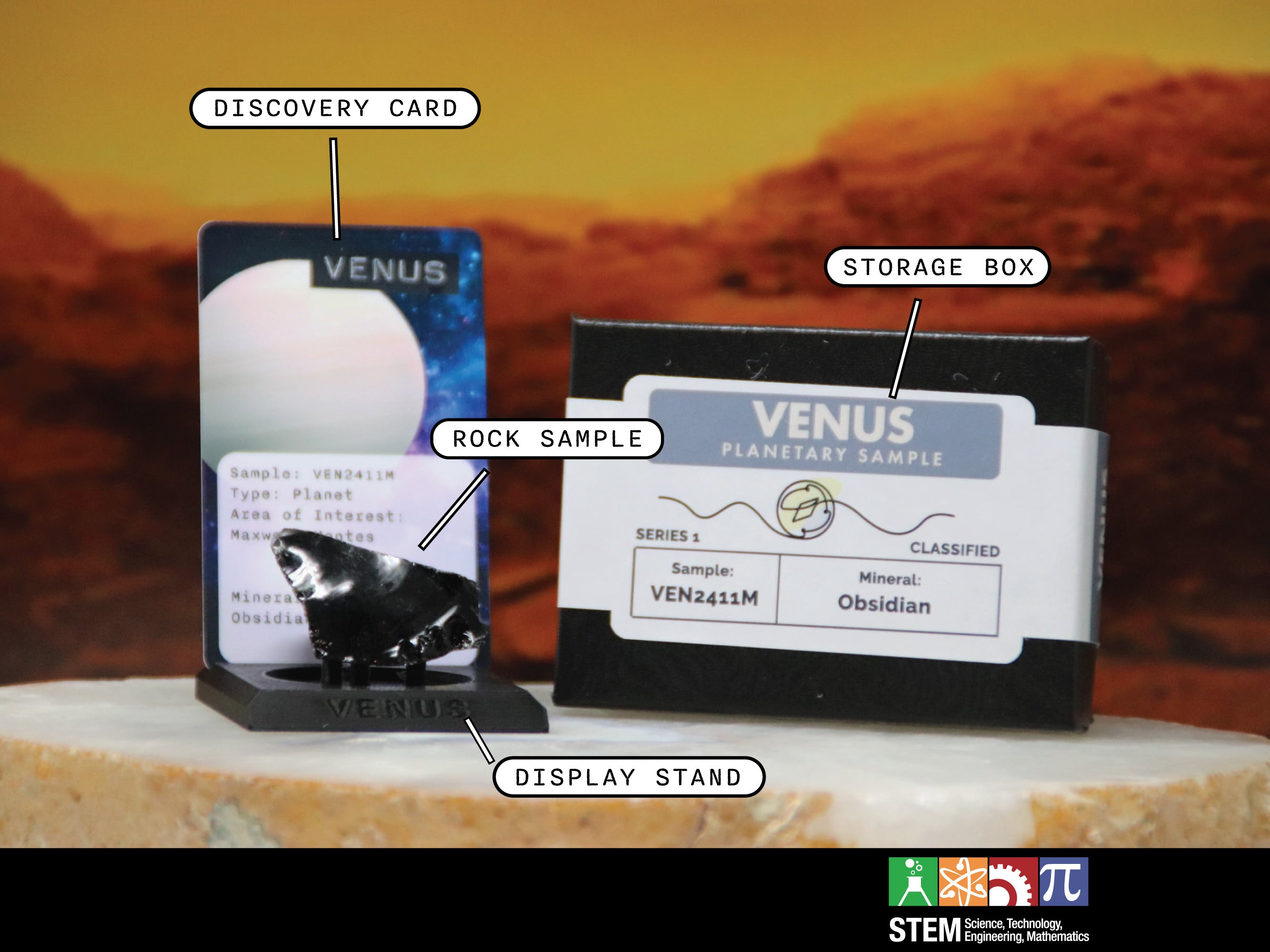 02 Planet Venus Planetary Discovery Kit | Obsidian Rock Mineraloid Sample  | STEM learning product | Planet 2 of Planet of the Month Club